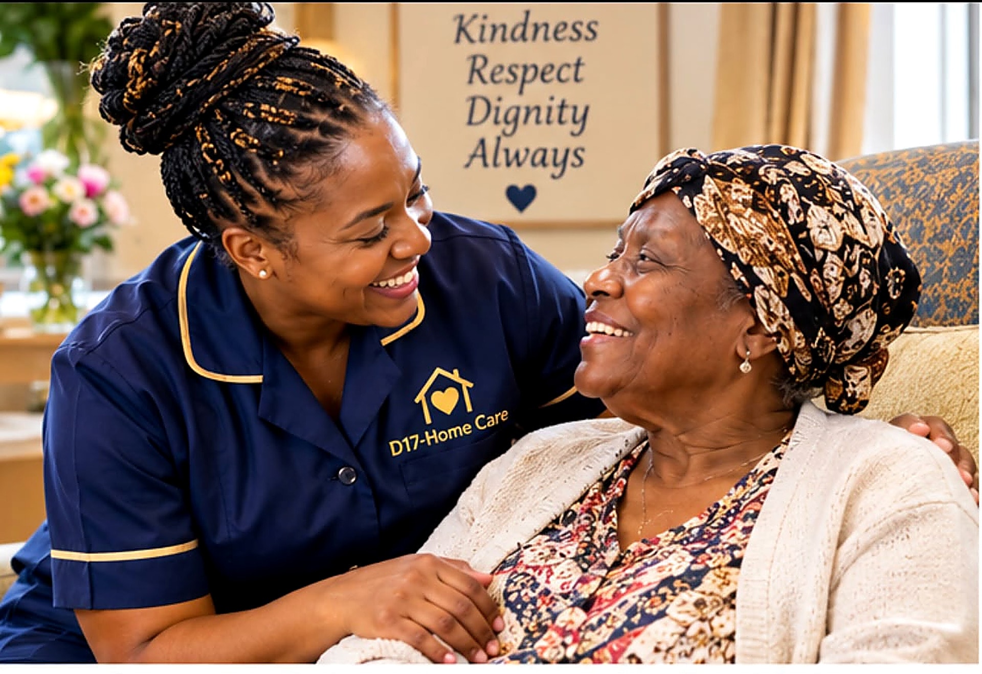 D17-Home Care carer bringing warmth and smile to elderly client
